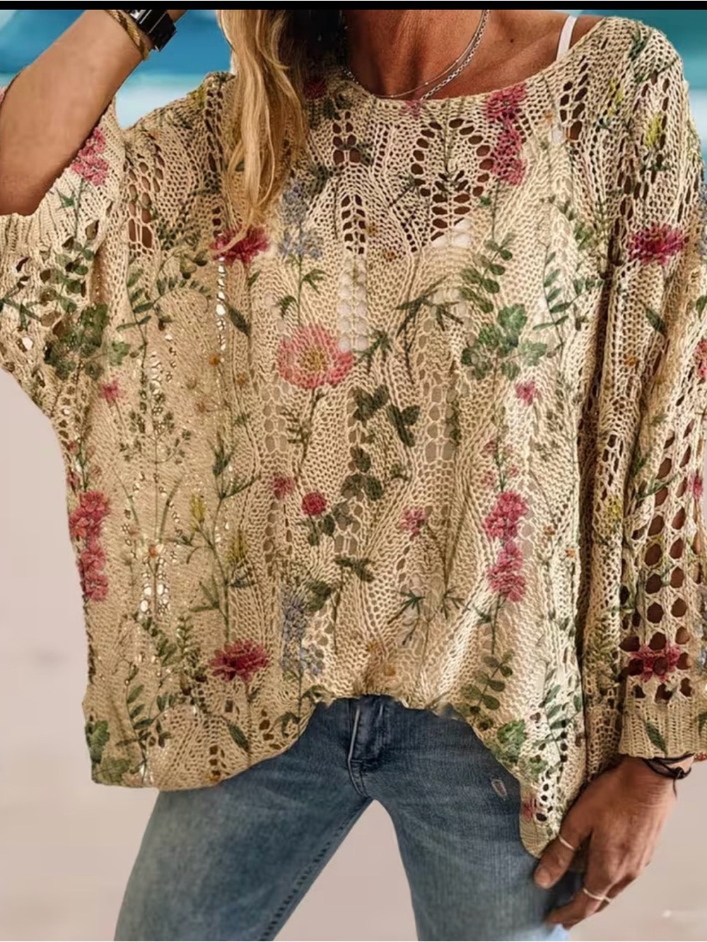 Boho Floral Crochet Knit Oversized Sweater - Cream